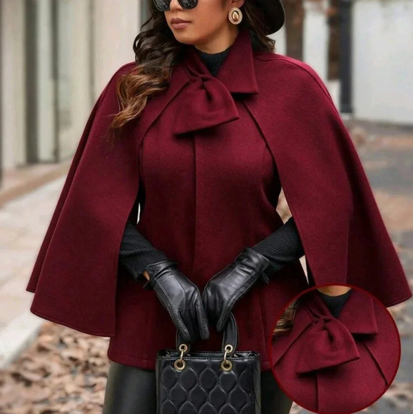 Plus Size Women Solid Color Poncho Elegant Short Woolen Coat For Autumn - Picture 1 of 6